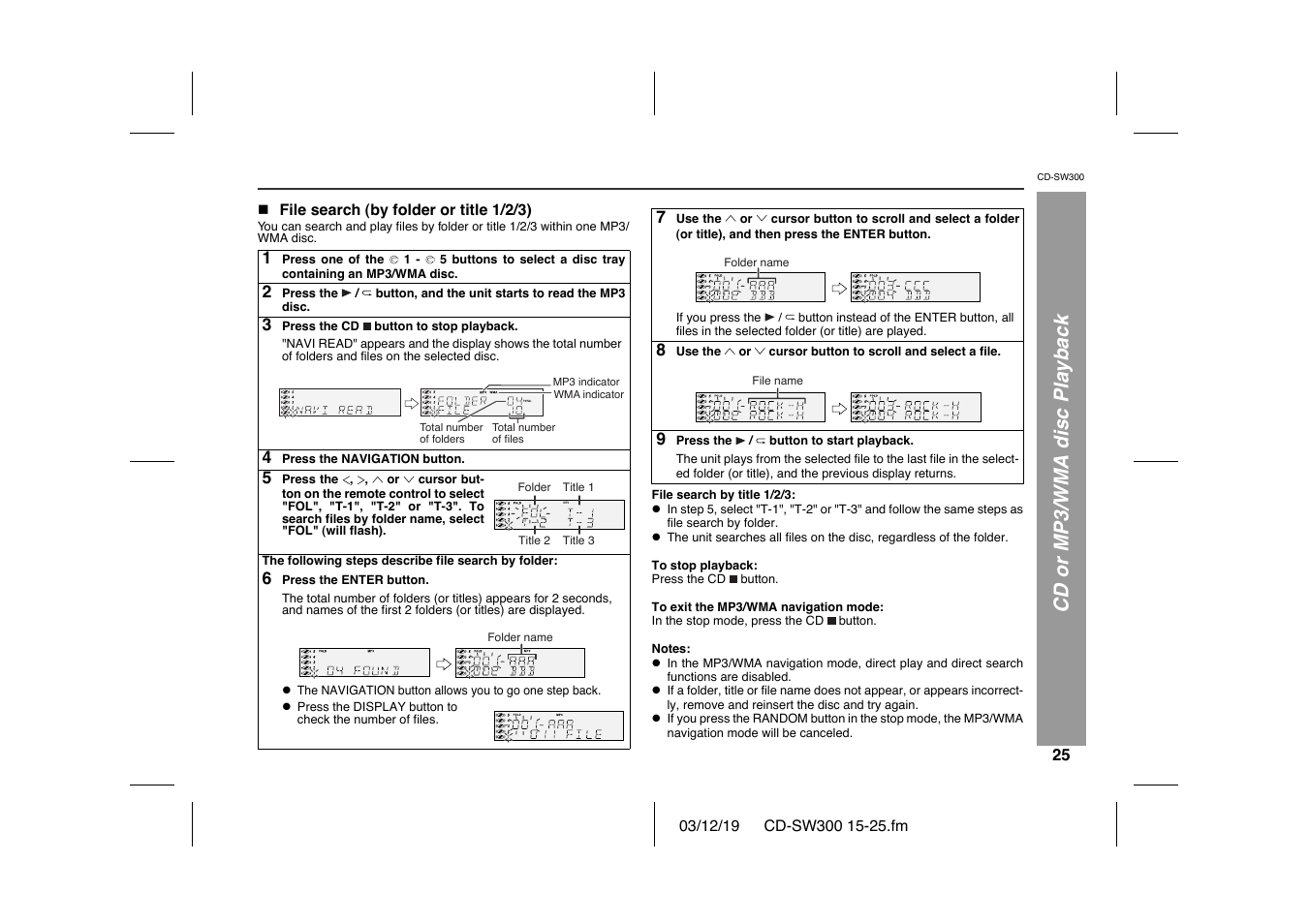 Cd or mp3/wma disc playback | Sharp CD-SW300 User Manual | Page 25 / 44