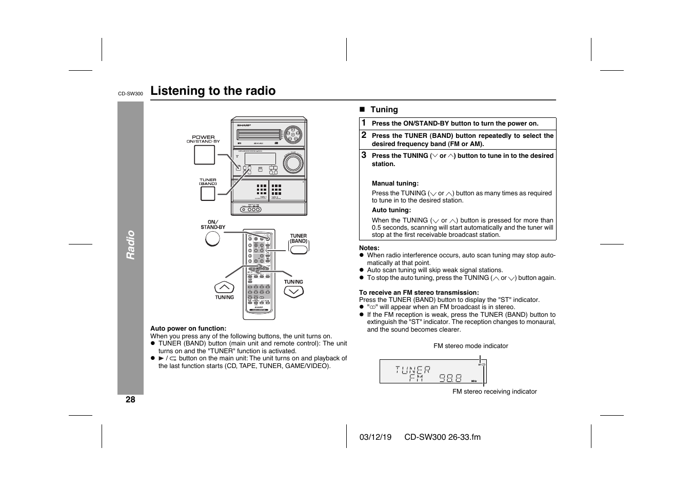 Listening to the radio, Radio | Sharp CD-SW300 User Manual | Page 28 / 44