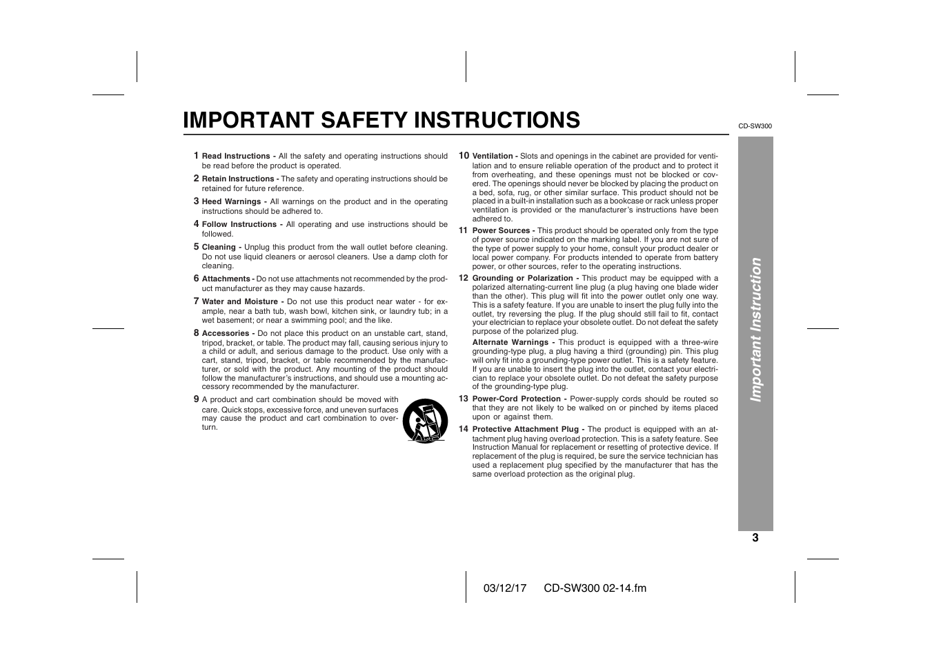 Important safety instructions, Important instruction | Sharp CD-SW300 User Manual | Page 3 / 44