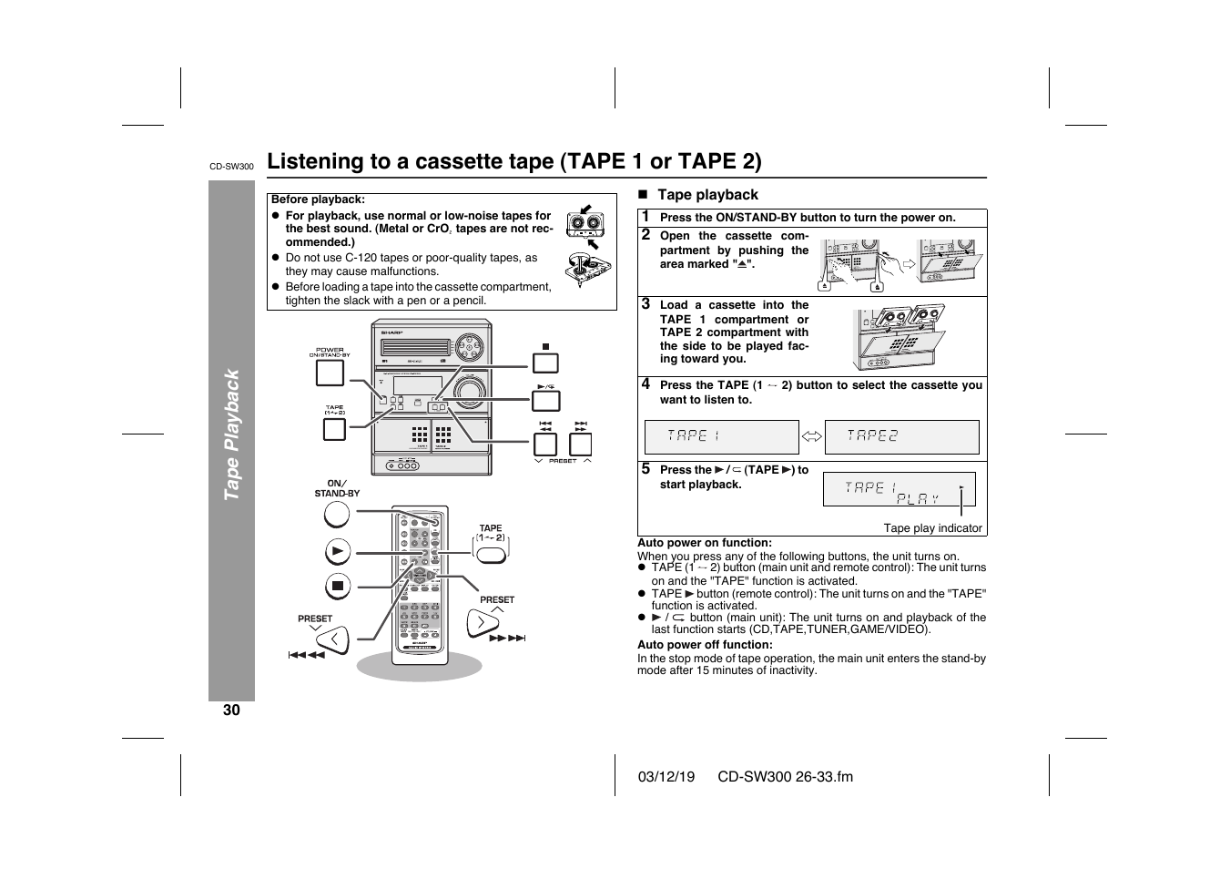 Listening to a cassette tape (tape 1 or tape 2), Tape playback | Sharp CD-SW300 User Manual | Page 30 / 44