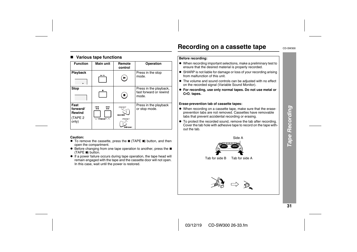 Recording on a cassette tape, Tape recording | Sharp CD-SW300 User Manual | Page 31 / 44