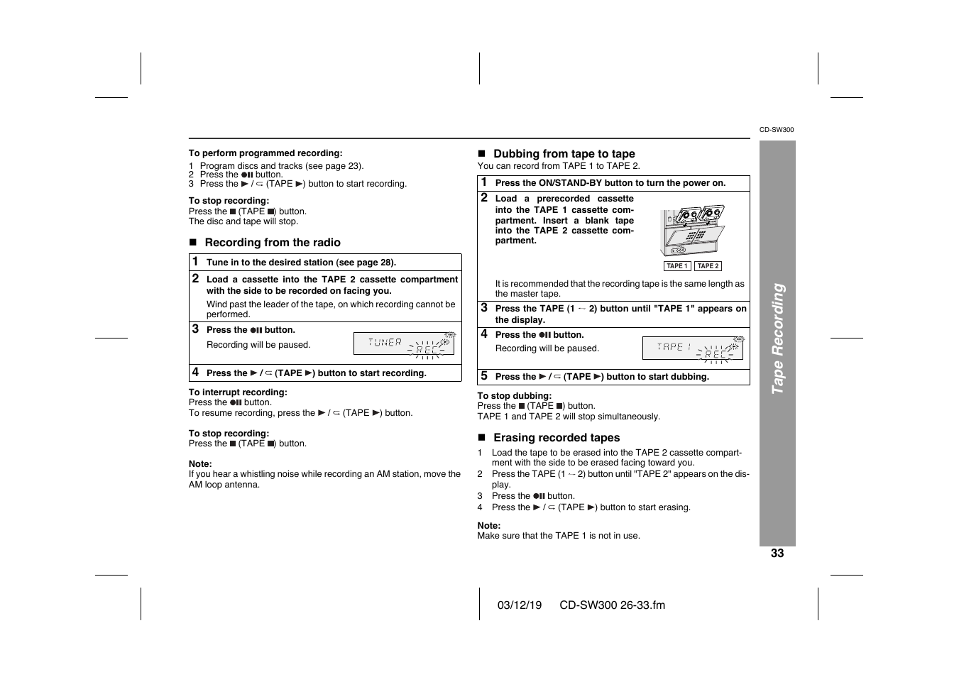 Tape recording | Sharp CD-SW300 User Manual | Page 33 / 44