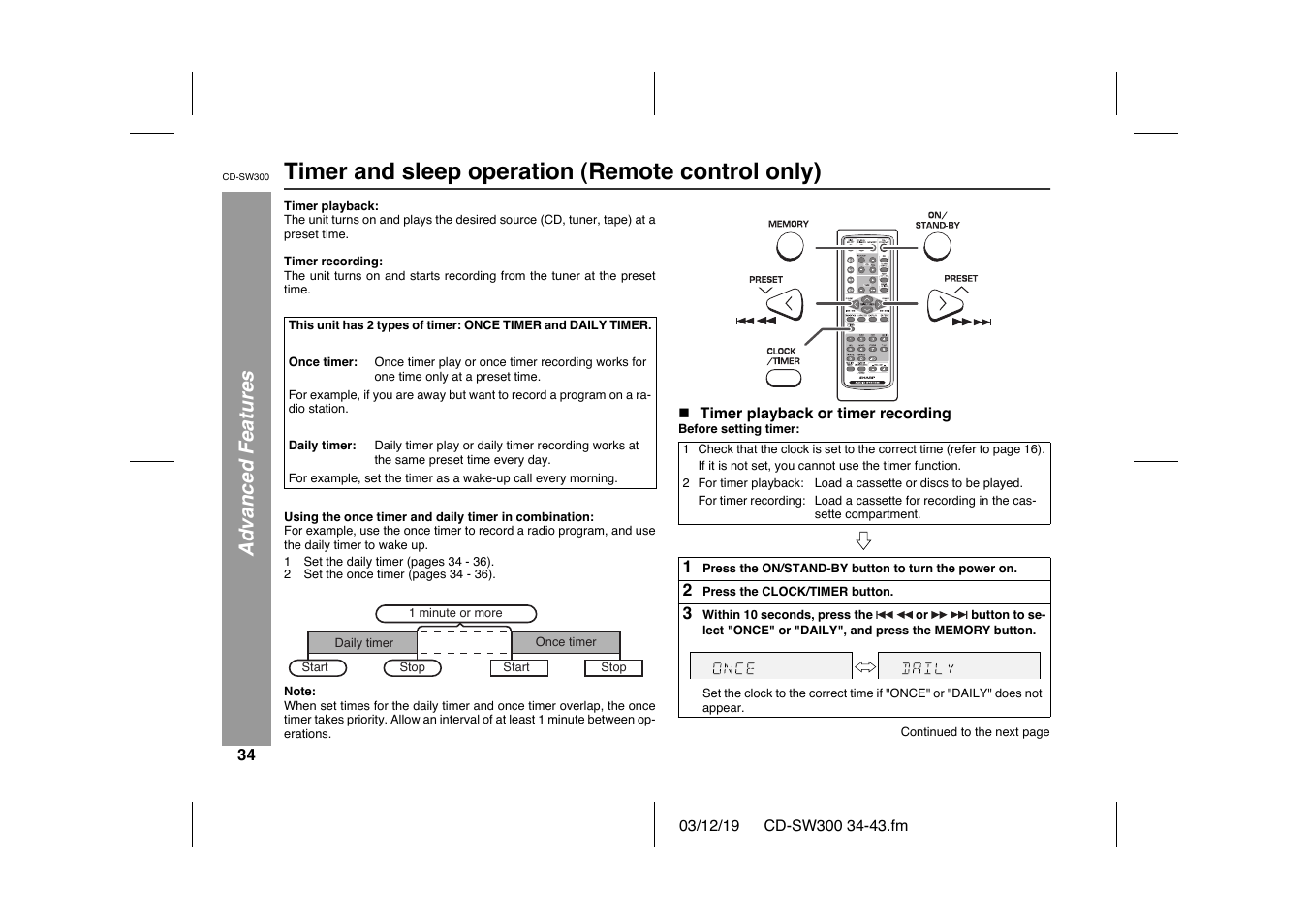 Timer and sleep operation (remote control only), Advanced features | Sharp CD-SW300 User Manual | Page 34 / 44