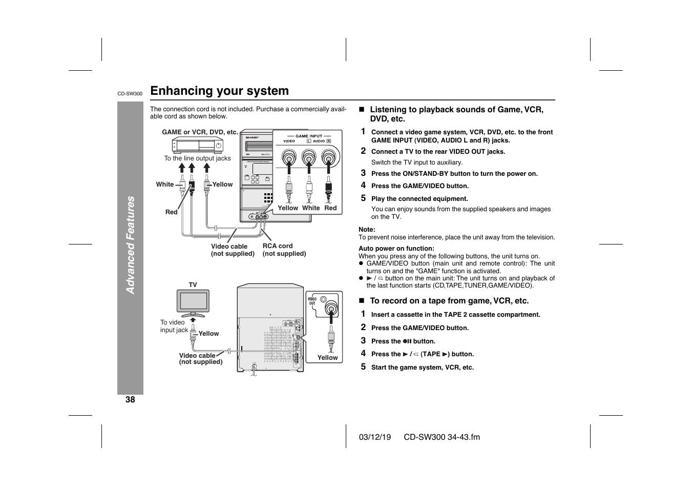 Enhancing your system, Advanced features, Ac input | Sharp CD-SW300 User Manual | Page 38 / 44