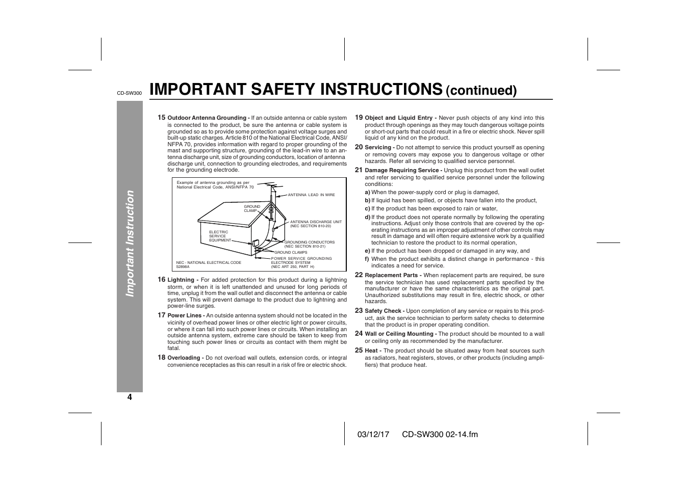 Important safety instructions, Continued), Important instruction | Sharp CD-SW300 User Manual | Page 4 / 44