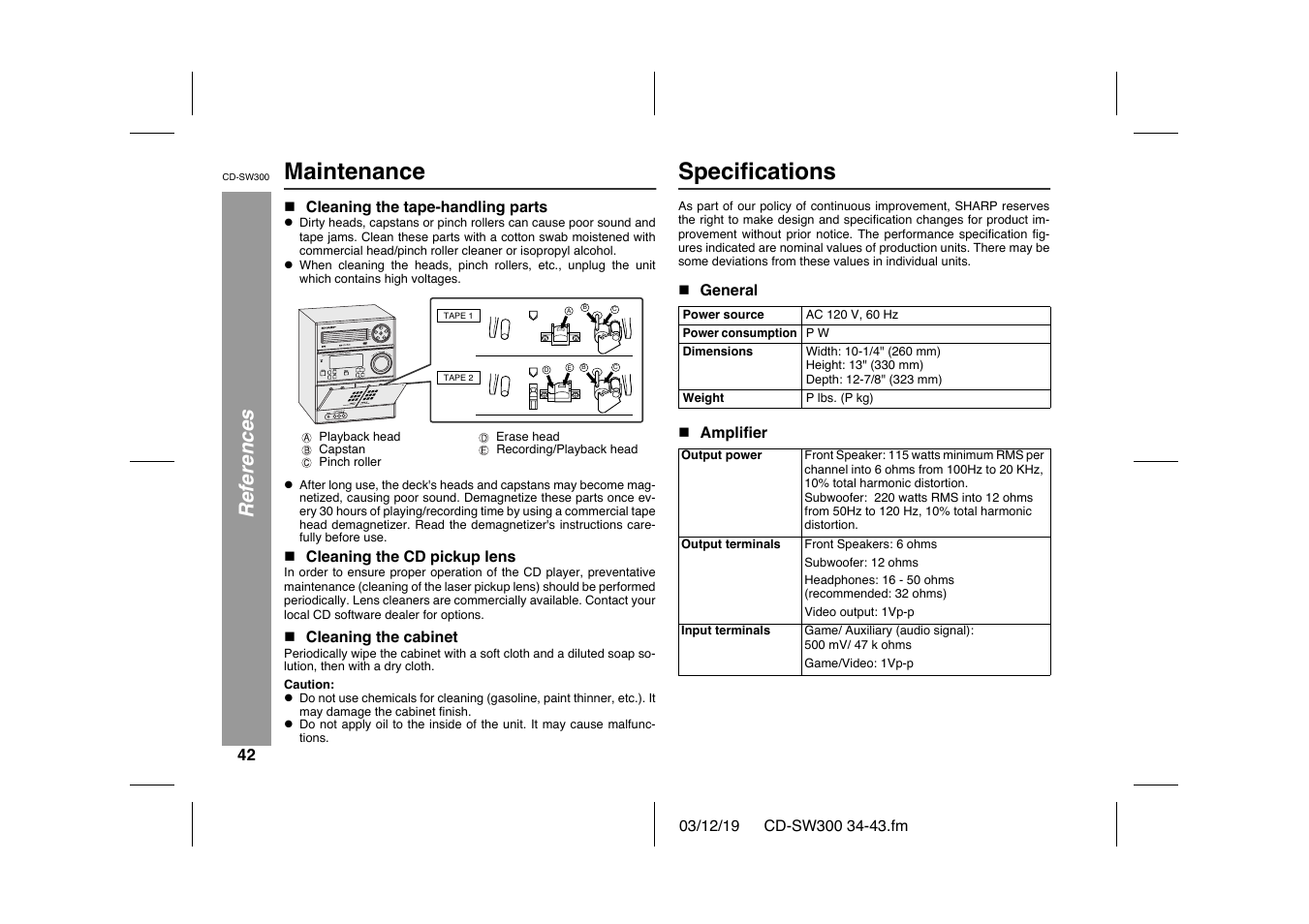 Maintenance, Specifications, References | Sharp CD-SW300 User Manual | Page 42 / 44