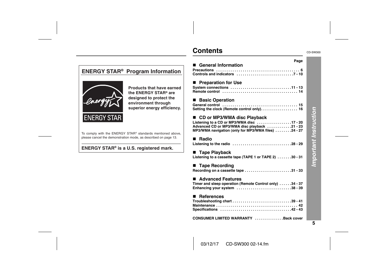 Sharp CD-SW300 User Manual | Page 5 / 44