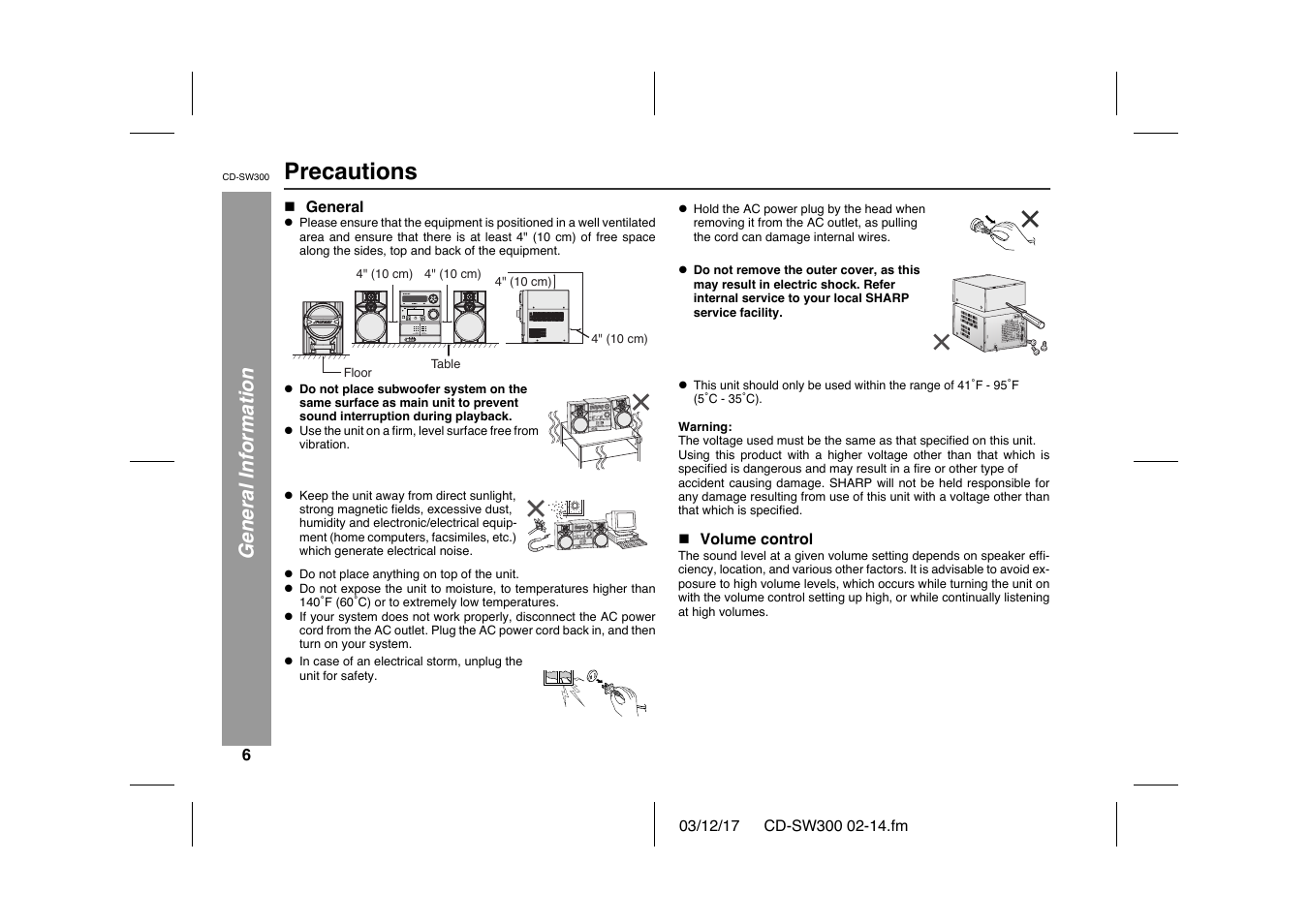 Precautions, General information, Ac input | Sharp CD-SW300 User Manual | Page 6 / 44