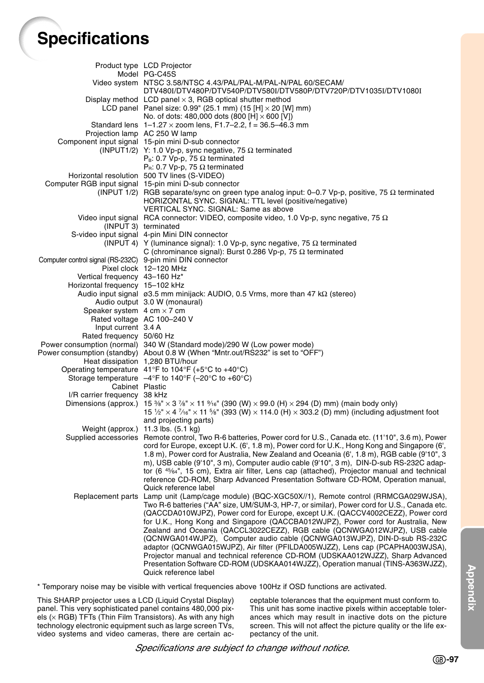 Specifications, Appendix | Sharp Notevision PG-C45S User Manual | Page 101 / 106