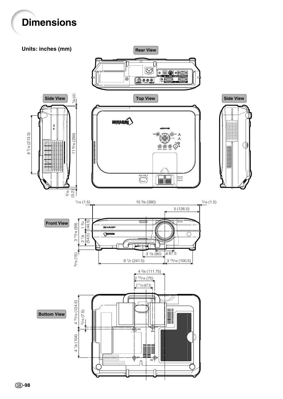 Dimensions, Units: inches (mm) | Sharp Notevision PG-C45S User Manual | Page 102 / 106