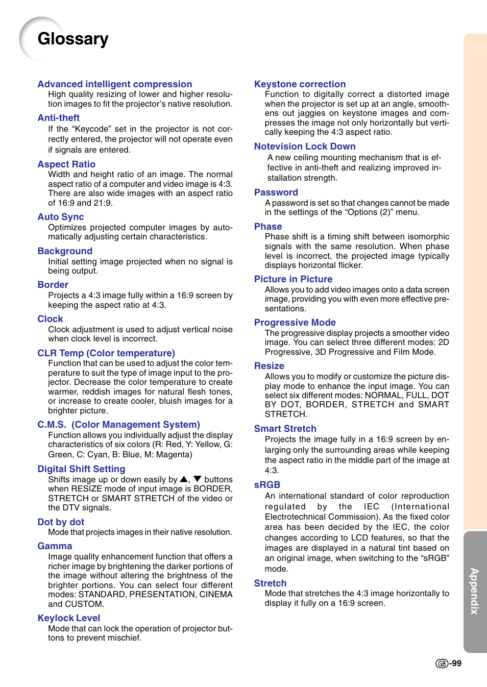 Glossary, Clr temp, Auto sync | Clock, Phase, Resize, Aspect ratio, Dot by dot, Color management system (c. m. s.), When | Sharp Notevision PG-C45S User Manual | Page 103 / 106