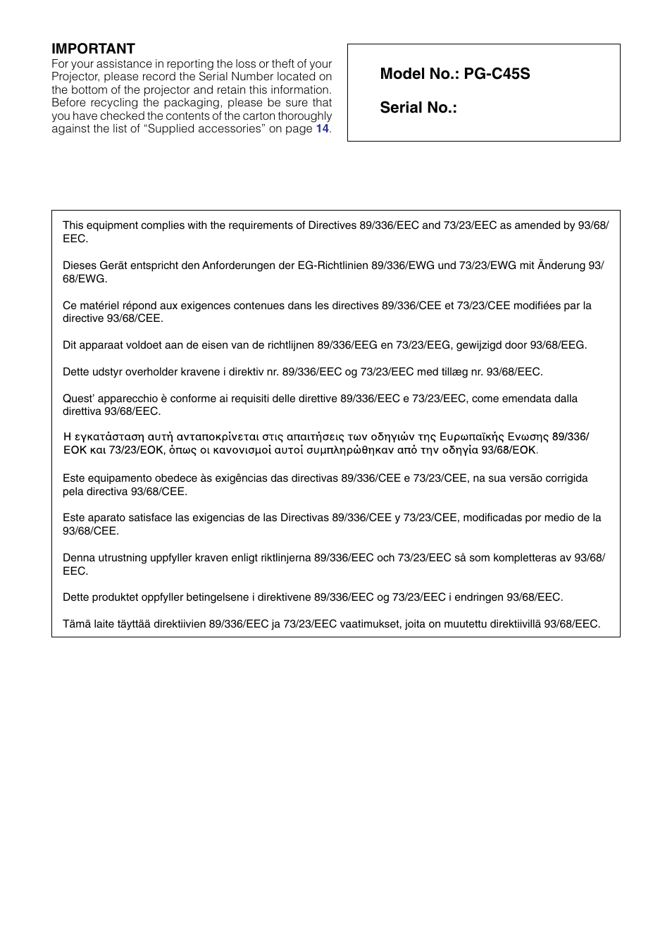 Model no.: pg-c45s serial no, Important | Sharp Notevision PG-C45S User Manual | Page 2 / 106