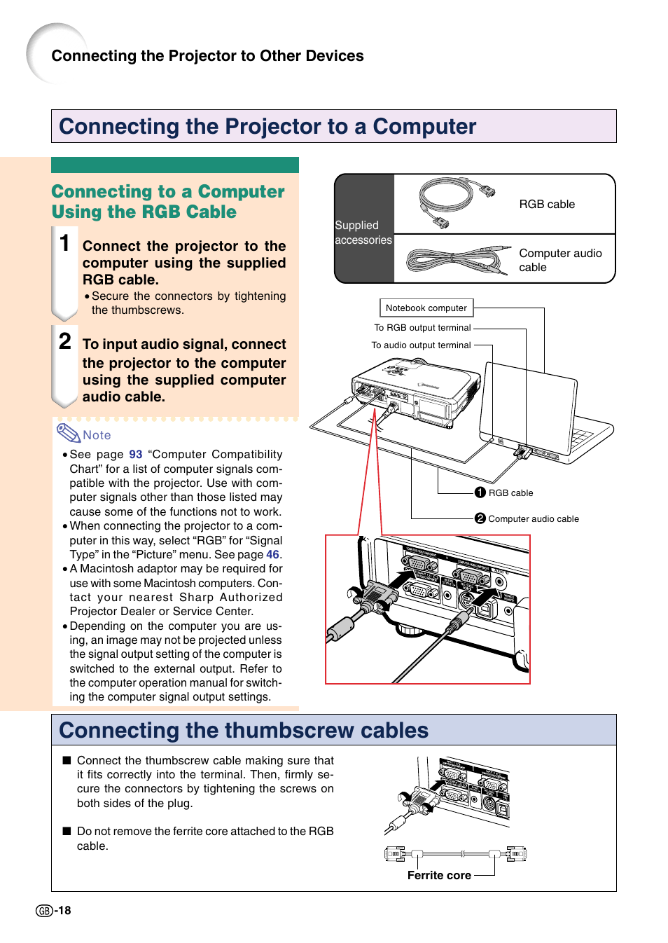 Connecting the projector to a computer, Connecting to a computer using the rgb cable, Connecting the projector to other devices | Sharp Notevision PG-C45S User Manual | Page 22 / 106