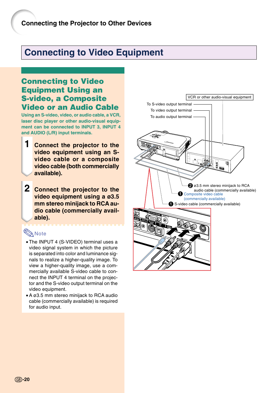 Connecting to video equipment, Connecting the projector to other devices | Sharp Notevision PG-C45S User Manual | Page 24 / 106