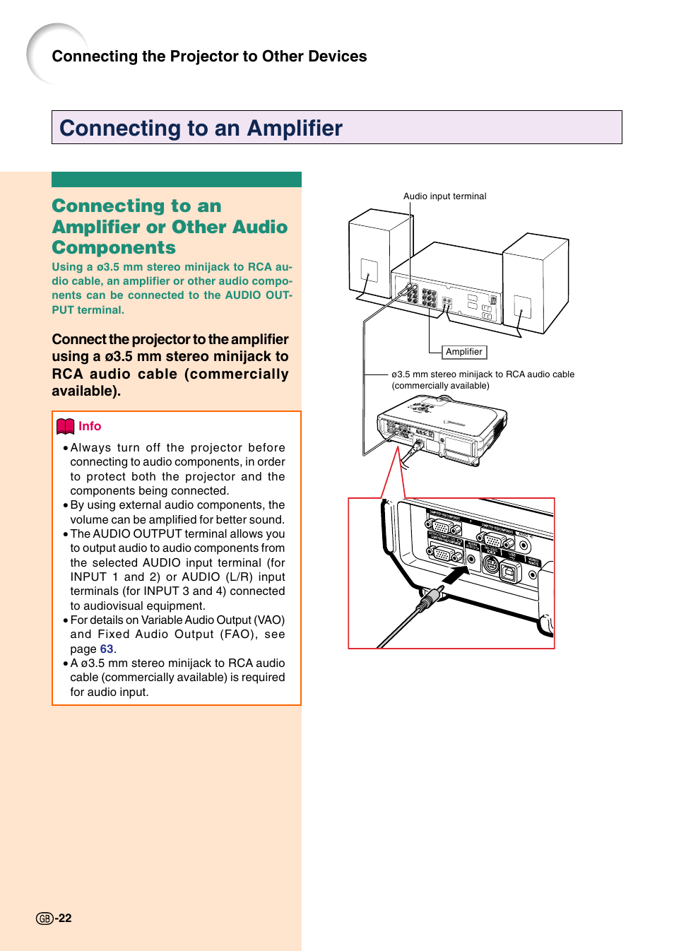 Connecting to an amplifier, Connecting the projector to other devices | Sharp Notevision PG-C45S User Manual | Page 26 / 106