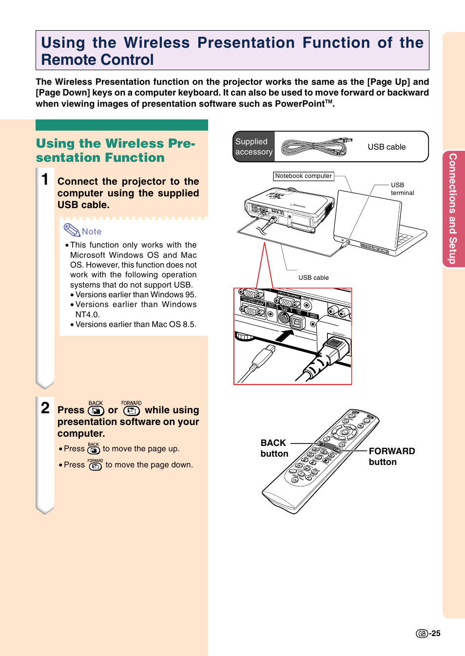 Using the wireless presentation function of the, Remote control, Using the wireless pre- sentation function | Sharp Notevision PG-C45S User Manual | Page 29 / 106