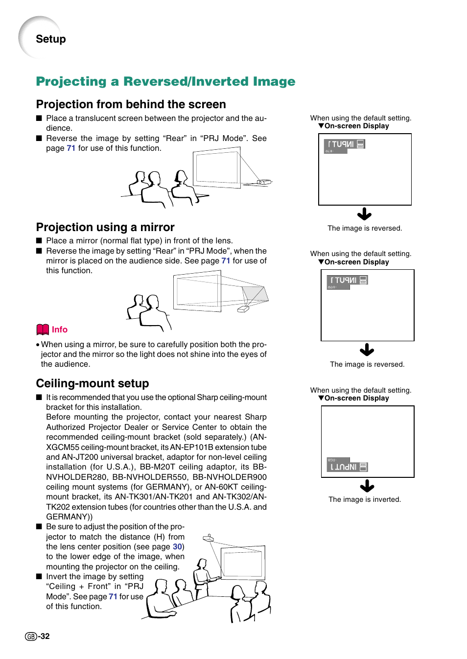 Projecting a reversed/inverted image, Projection from behind the screen, Projection using a mirror | Ceiling-mount setup, Setup | Sharp Notevision PG-C45S User Manual | Page 36 / 106