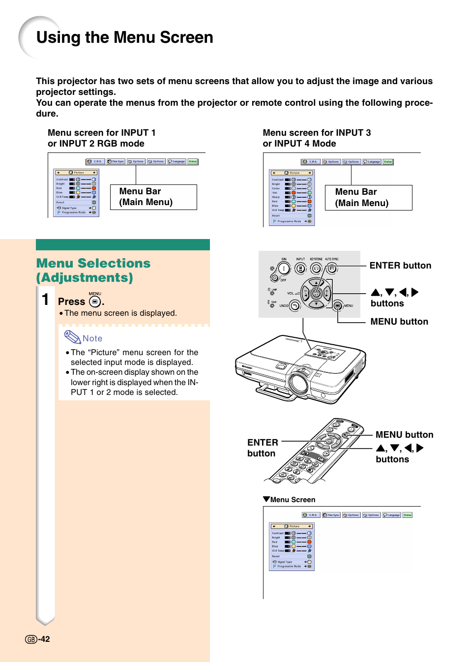 Using the menu screen, Menu selections (adjustments) | Sharp Notevision PG-C45S User Manual | Page 46 / 106