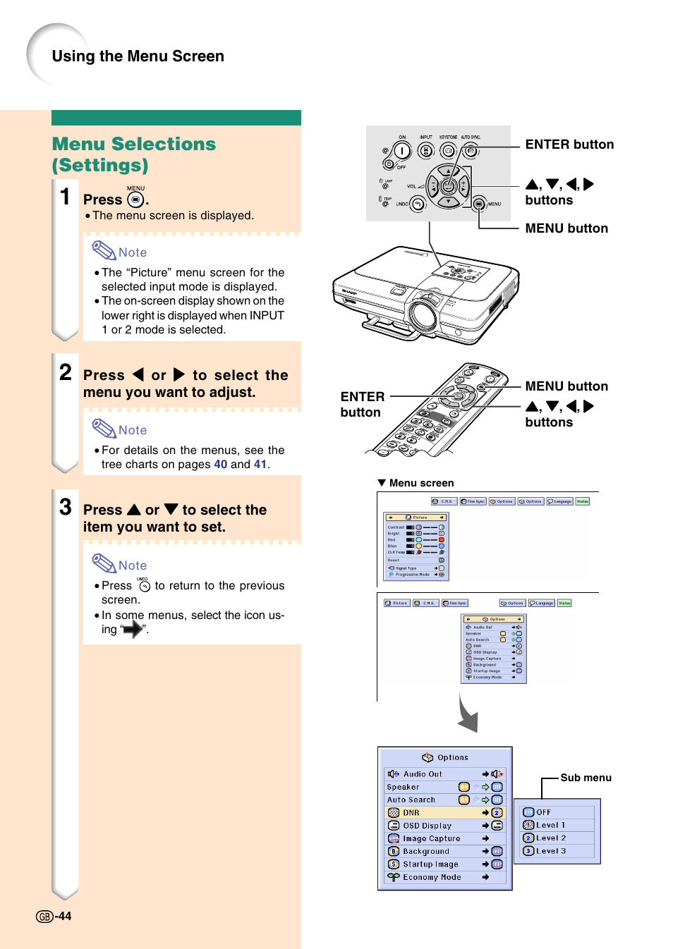 Menu selections (settings) | Sharp Notevision PG-C45S User Manual | Page 48 / 106