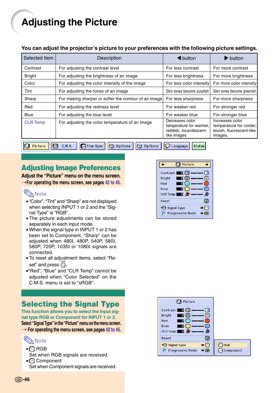 Adjusting the picture, Adjusting image preferences, Selecting the signal type | Sharp Notevision PG-C45S User Manual | Page 50 / 106