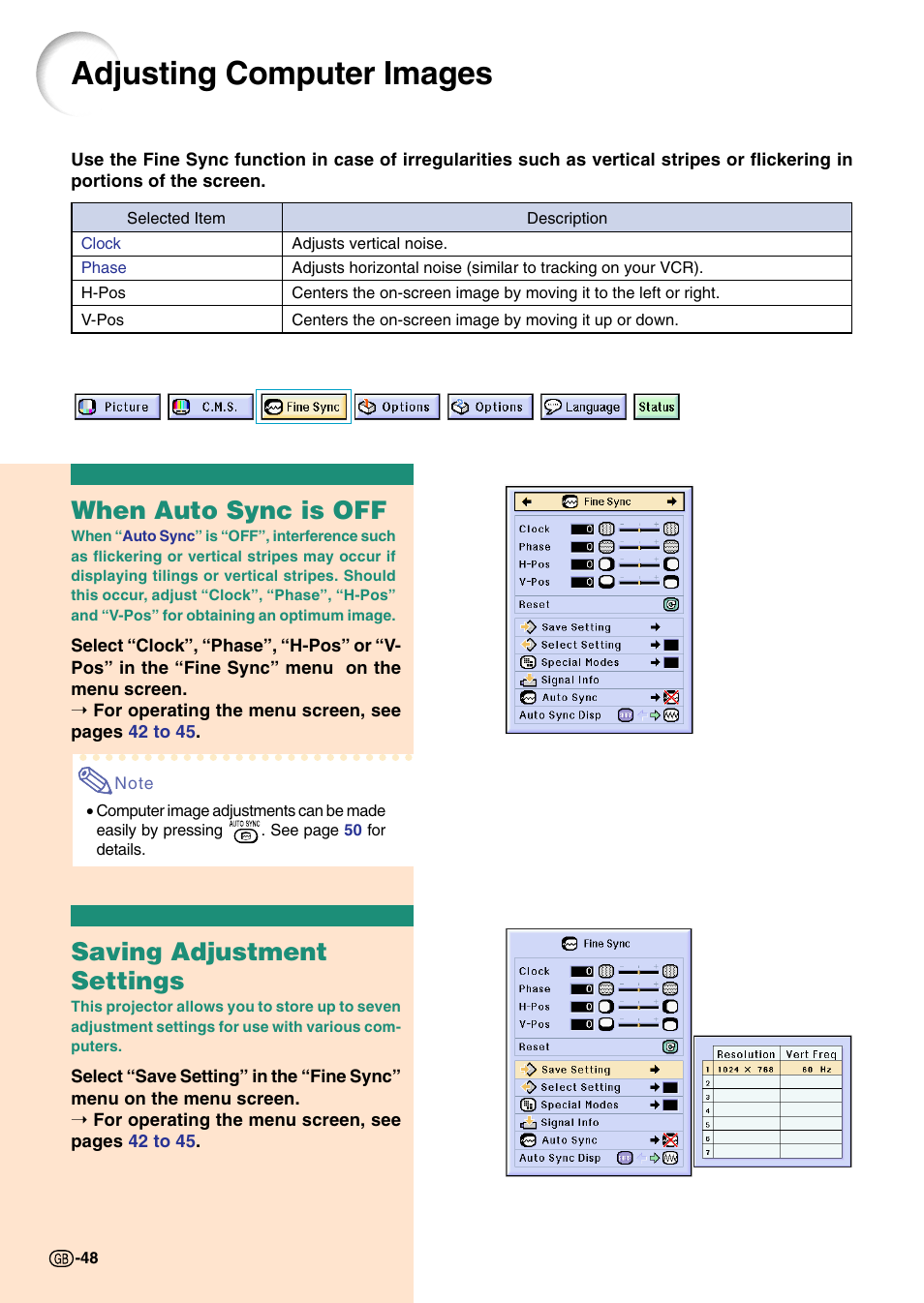 Adjusting computer images, When auto sync is off, Saving adjustment settings | When auto sync is off saving adjustment settings | Sharp Notevision PG-C45S User Manual | Page 52 / 106
