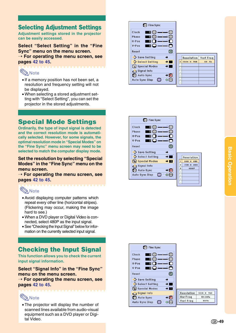 Selecting adjustment settings, Special mode settings, Checking the input signal | Sharp Notevision PG-C45S User Manual | Page 53 / 106