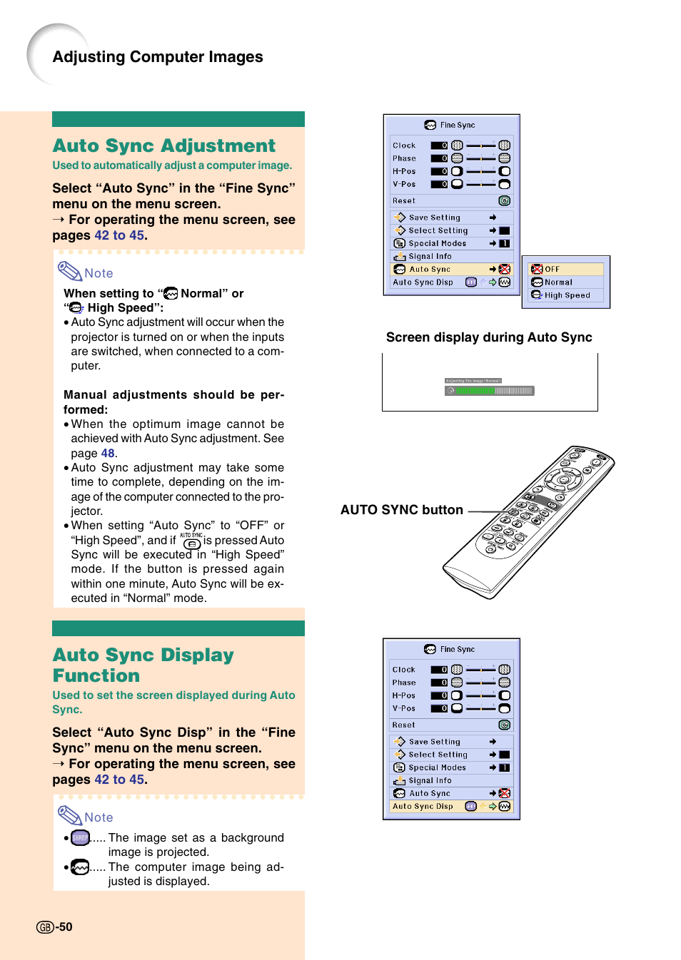Auto sync adjustment, Auto sync display function, Auto sync adjustment auto sync display function | Adjusting computer images | Sharp Notevision PG-C45S User Manual | Page 54 / 106