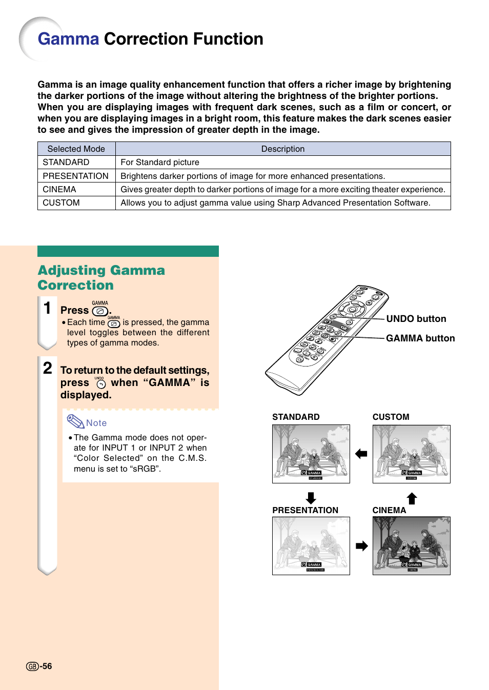 Gamma correction function, Adjusting gamma correction | Sharp Notevision PG-C45S User Manual | Page 60 / 106