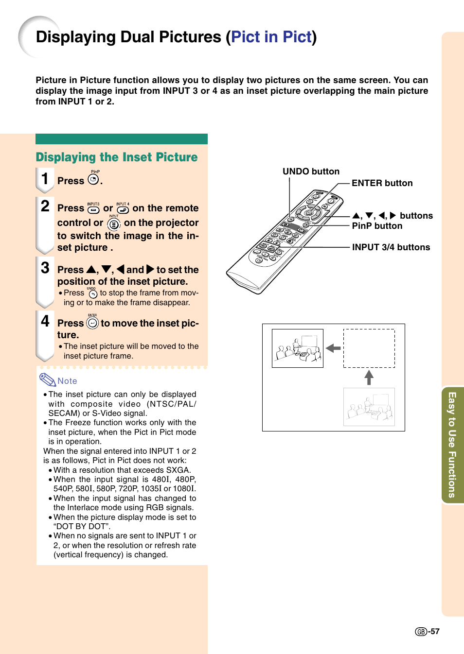 Displaying dual pictures (pict in pict), Displaying dual pictures ( pict in pict ), Displaying the inset picture | Sharp Notevision PG-C45S User Manual | Page 61 / 106