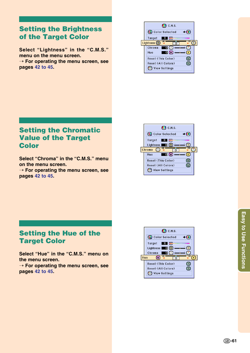 Setting the brightness of the target color, Setting the chromatic value of the target color, Setting the hue of the target color | Sharp Notevision PG-C45S User Manual | Page 65 / 106