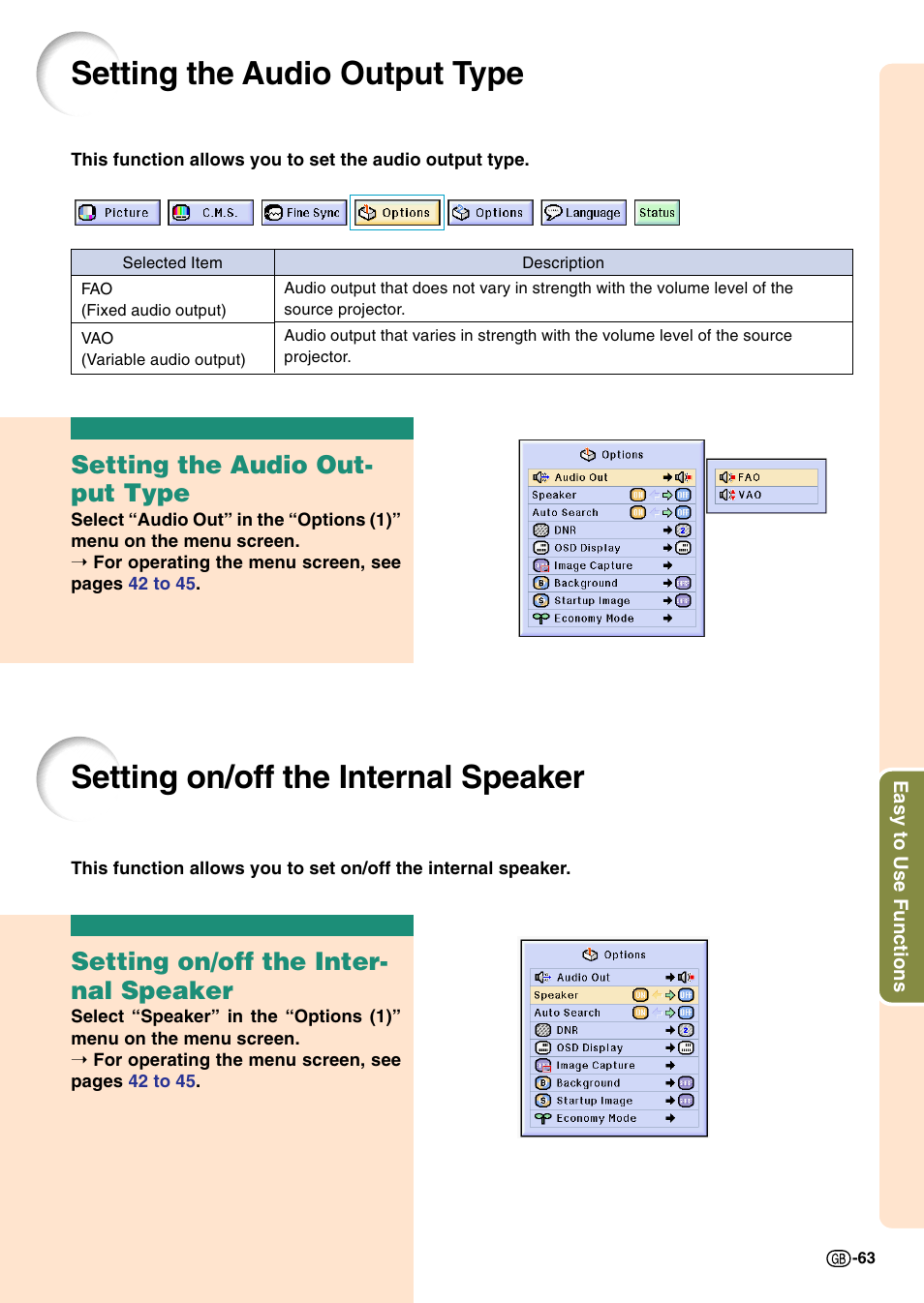 Setting the audio output type, Setting on/off the internal speaker, Setting the audio out- put type | Setting on/off the inter- nal speaker | Sharp Notevision PG-C45S User Manual | Page 67 / 106