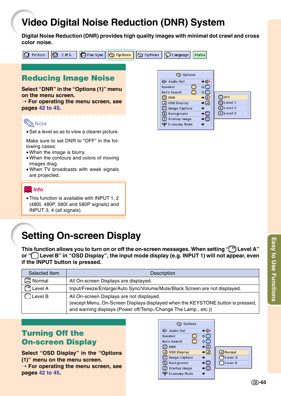 Video digital noise reduction (dnr) system, Setting on-screen display, Video digital noise reduction | Dnr) system, Reducing image noise, Turning off the on-screen display | Sharp Notevision PG-C45S User Manual | Page 69 / 106