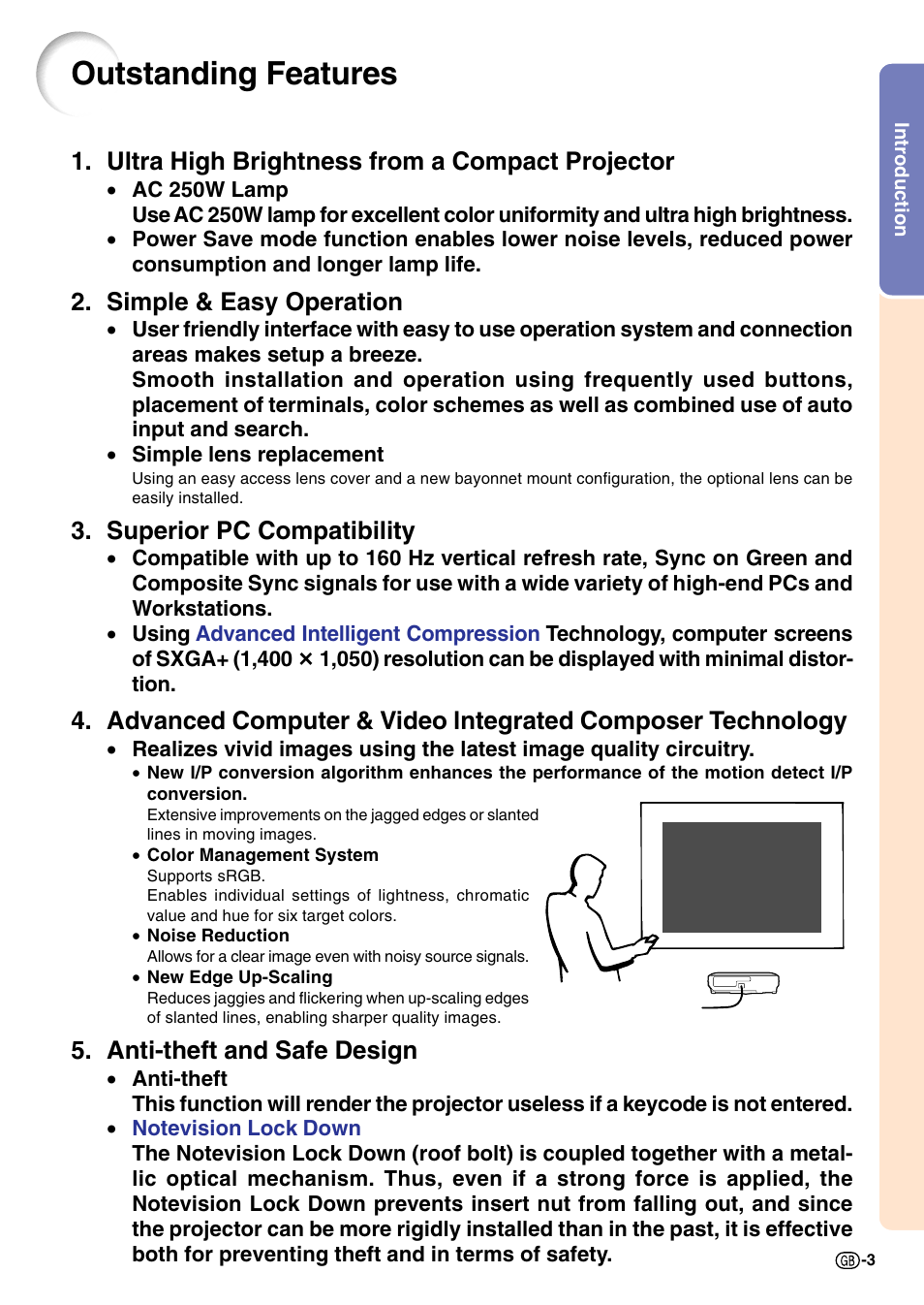Outstanding features, Ultra high brightness from a compact projector, Simple & easy operation | Superior pc compatibility, Anti-theft and safe design | Sharp Notevision PG-C45S User Manual | Page 7 / 106