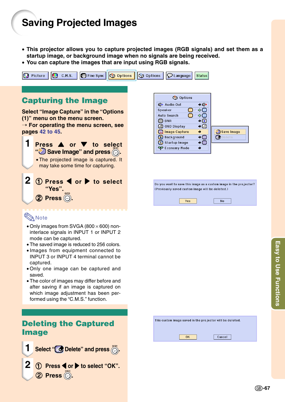 Saving projected images, Capturing the image, Deleting the captured image | Capturing the image deleting the captured image | Sharp Notevision PG-C45S User Manual | Page 71 / 106