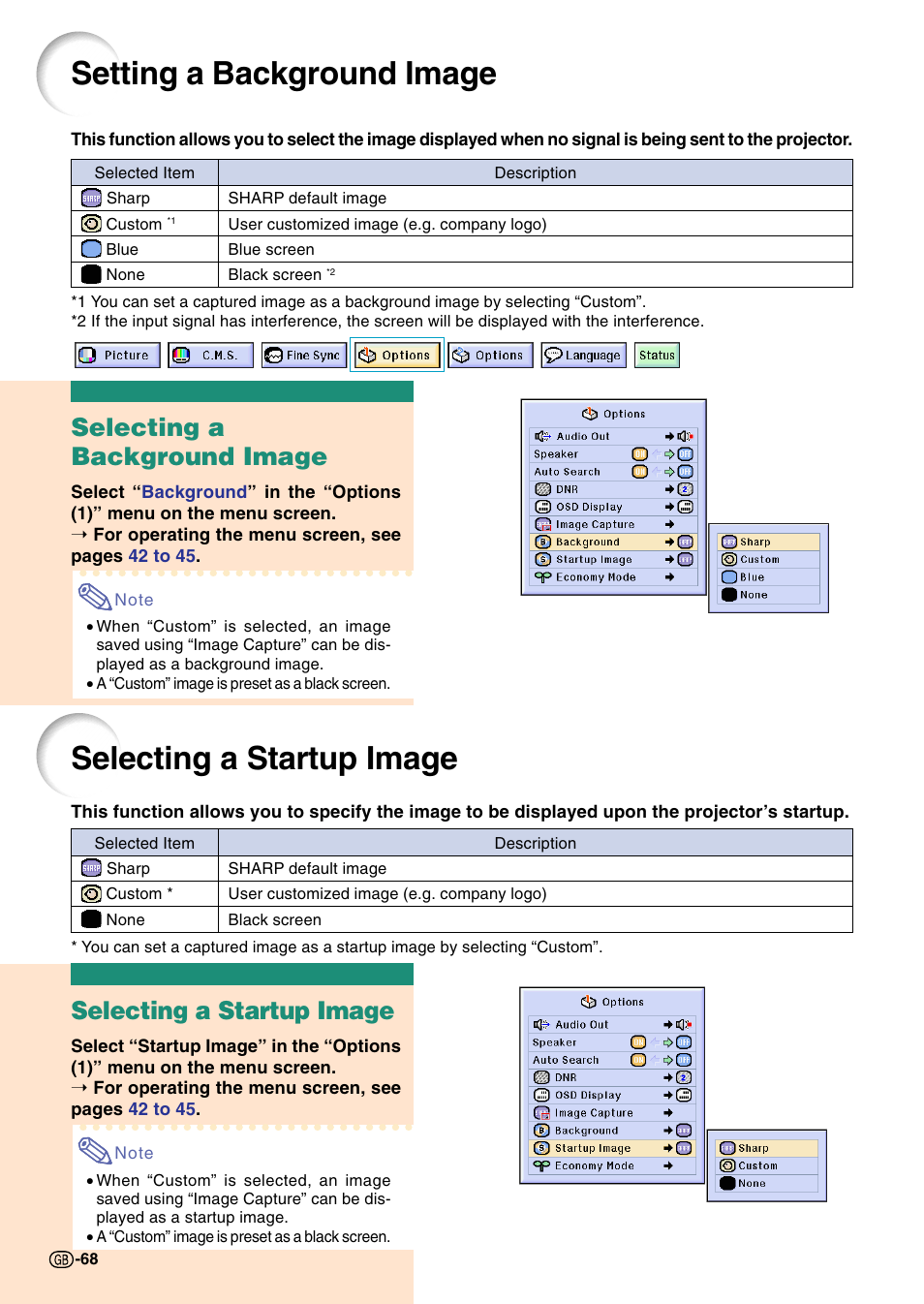 Setting a background image, Selecting a startup image, Selecting a background image | Sharp Notevision PG-C45S User Manual | Page 72 / 106