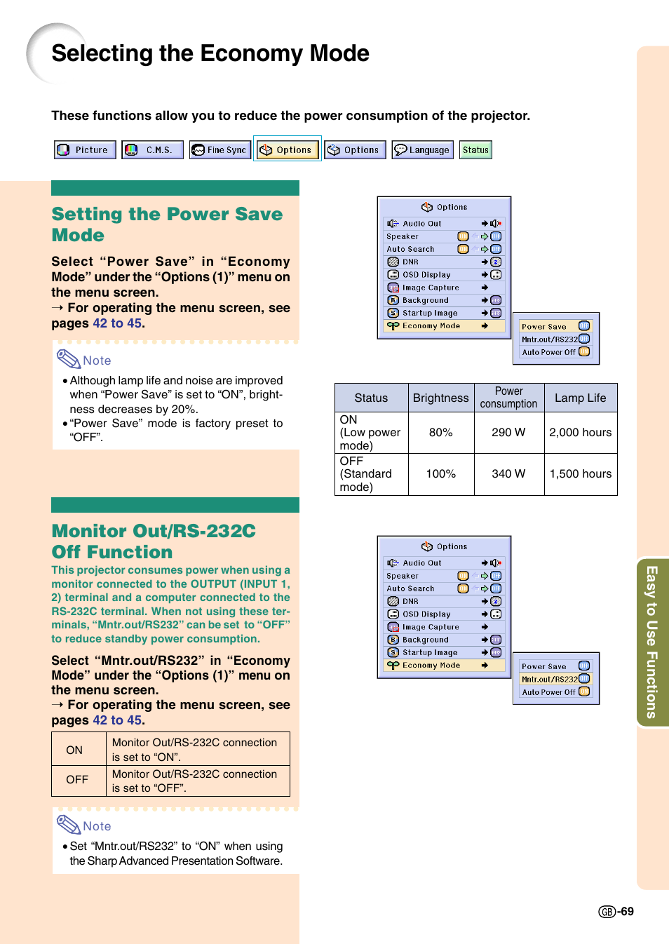 Selecting the economy mode, Setting the power save mode, Monitor out/rs-232c off function | Sharp Notevision PG-C45S User Manual | Page 73 / 106