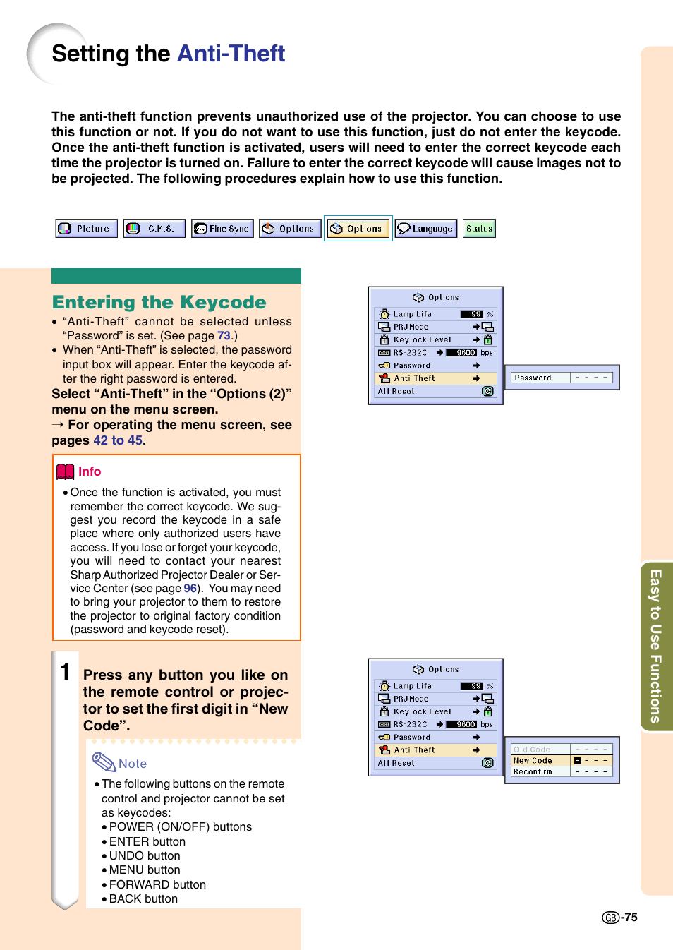 Setting the anti-theft, Entering the keycode, Is set | Sharp Notevision PG-C45S User Manual | Page 79 / 106