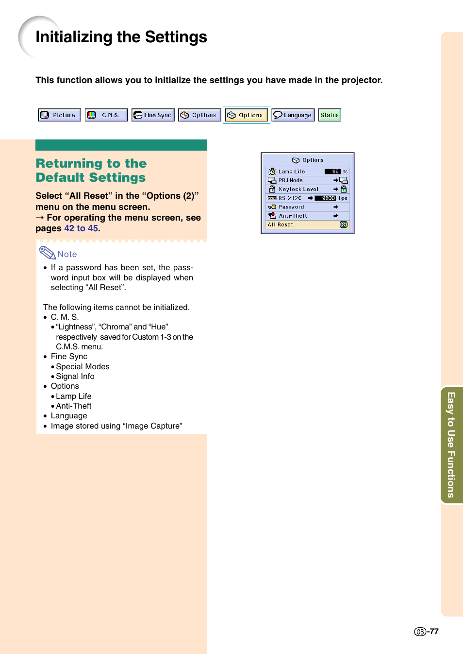 Initializing the settings, Returning to the default settings | Sharp Notevision PG-C45S User Manual | Page 81 / 106