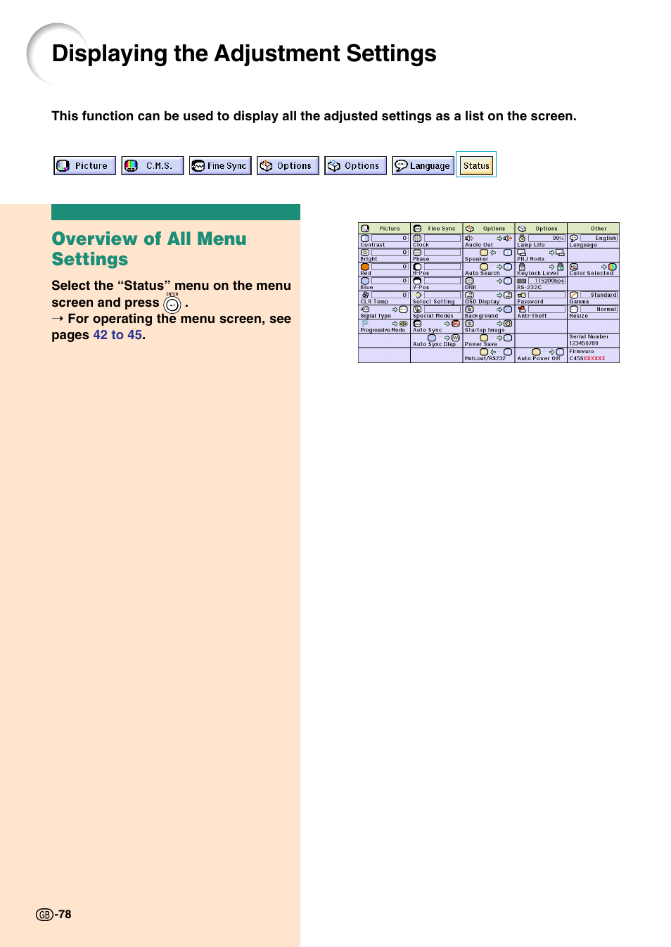 Displaying the adjustment settings, Overview of all menu settings | Sharp Notevision PG-C45S User Manual | Page 82 / 106