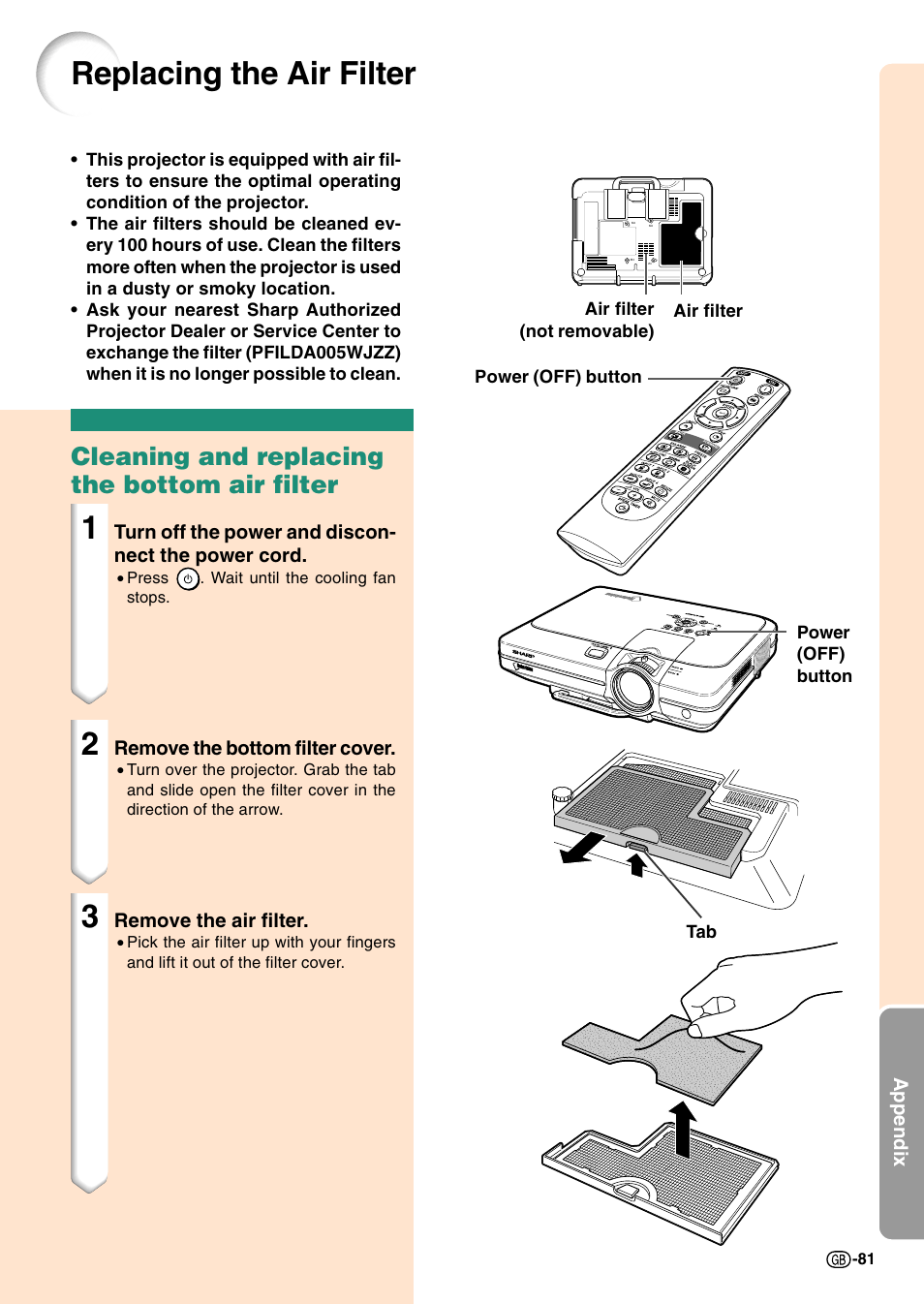 Replacing the air filter, Cleaning and replacing the bottom air filter | Sharp Notevision PG-C45S User Manual | Page 85 / 106