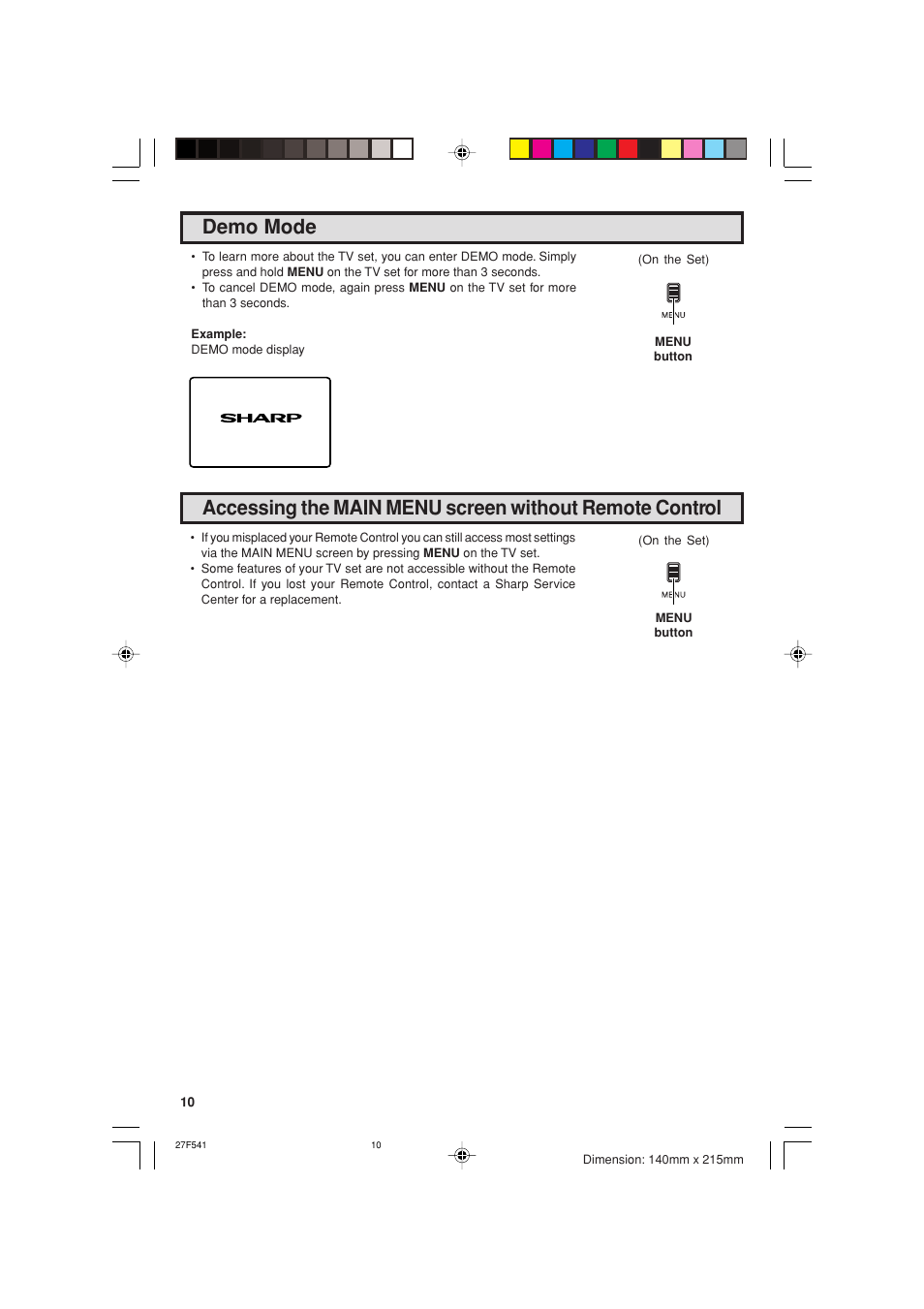 Demo mode | Sharp 27F641 User Manual | Page 10 / 60