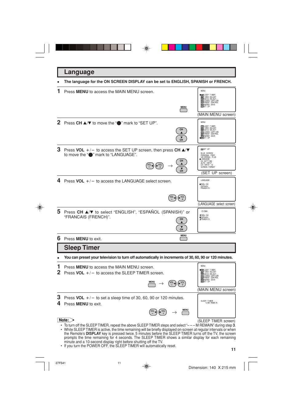 Sleep timer, Language | Sharp 27F641 User Manual | Page 11 / 60