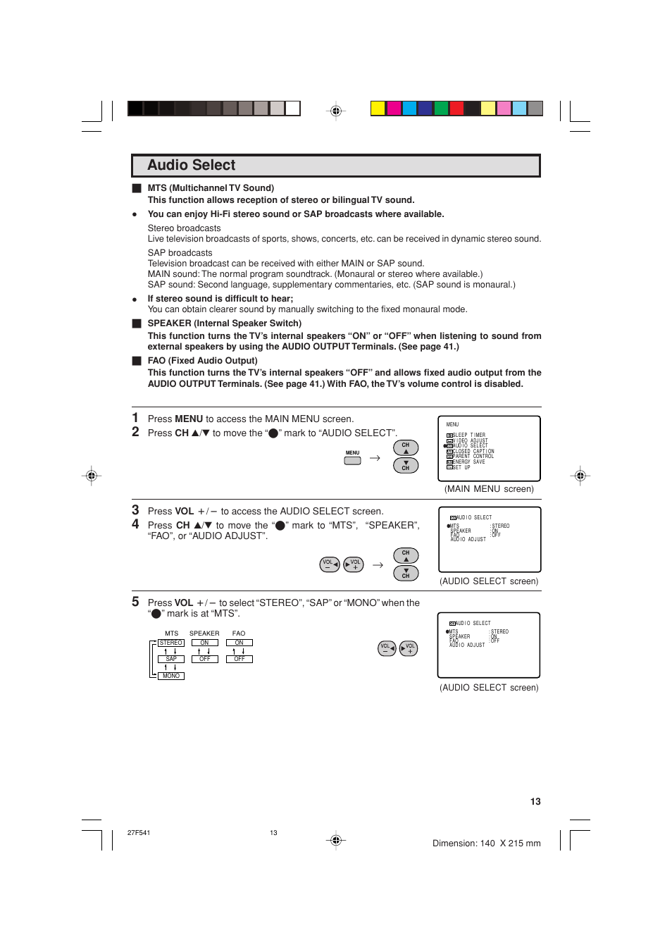 Audio select | Sharp 27F641 User Manual | Page 13 / 60