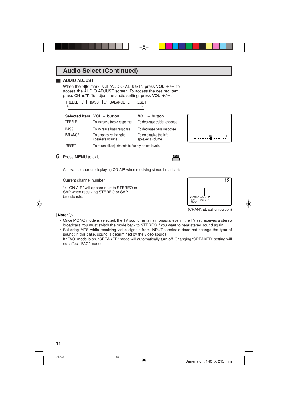 Audio select (continued) | Sharp 27F641 User Manual | Page 14 / 60