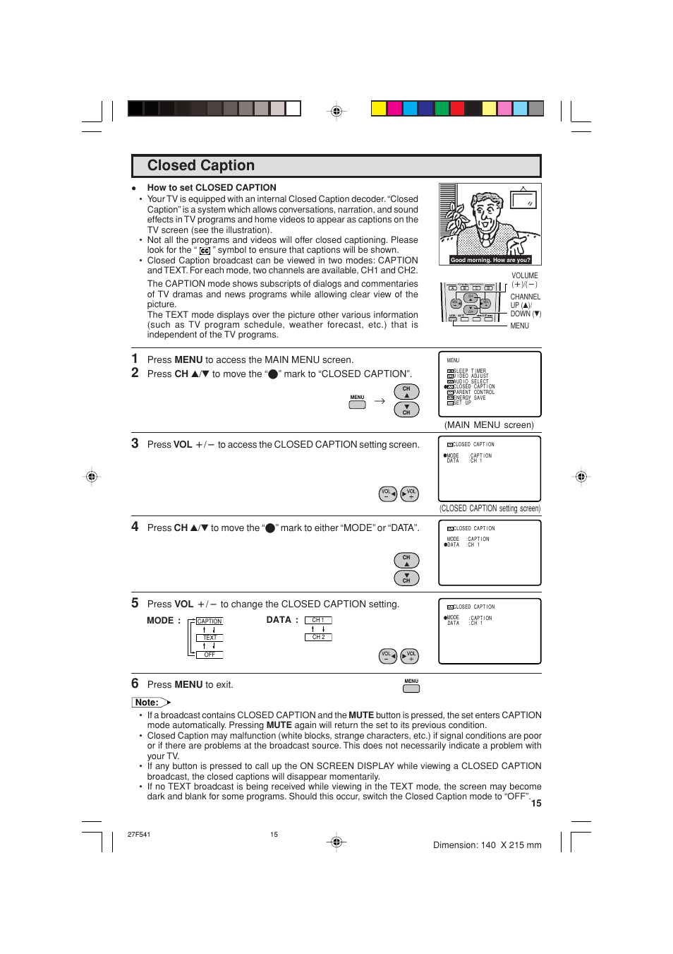 Closed caption | Sharp 27F641 User Manual | Page 15 / 60