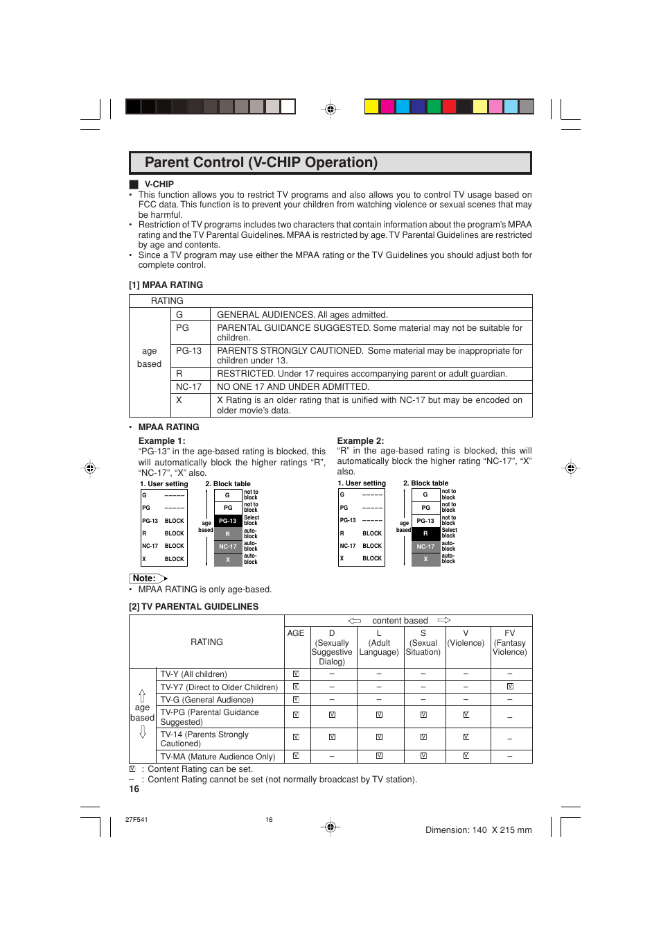 Parent control (v-chip operation) | Sharp 27F641 User Manual | Page 16 / 60