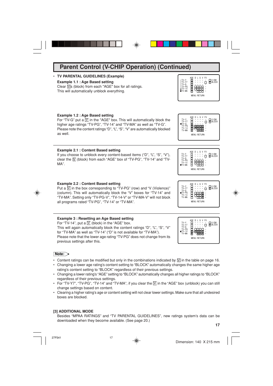 Parent control (v-chip operation) (continued) | Sharp 27F641 User Manual | Page 17 / 60