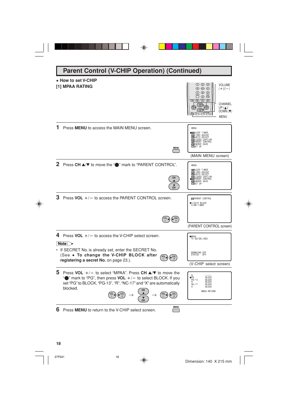 Parent control (v-chip operation) (continued) | Sharp 27F641 User Manual | Page 18 / 60