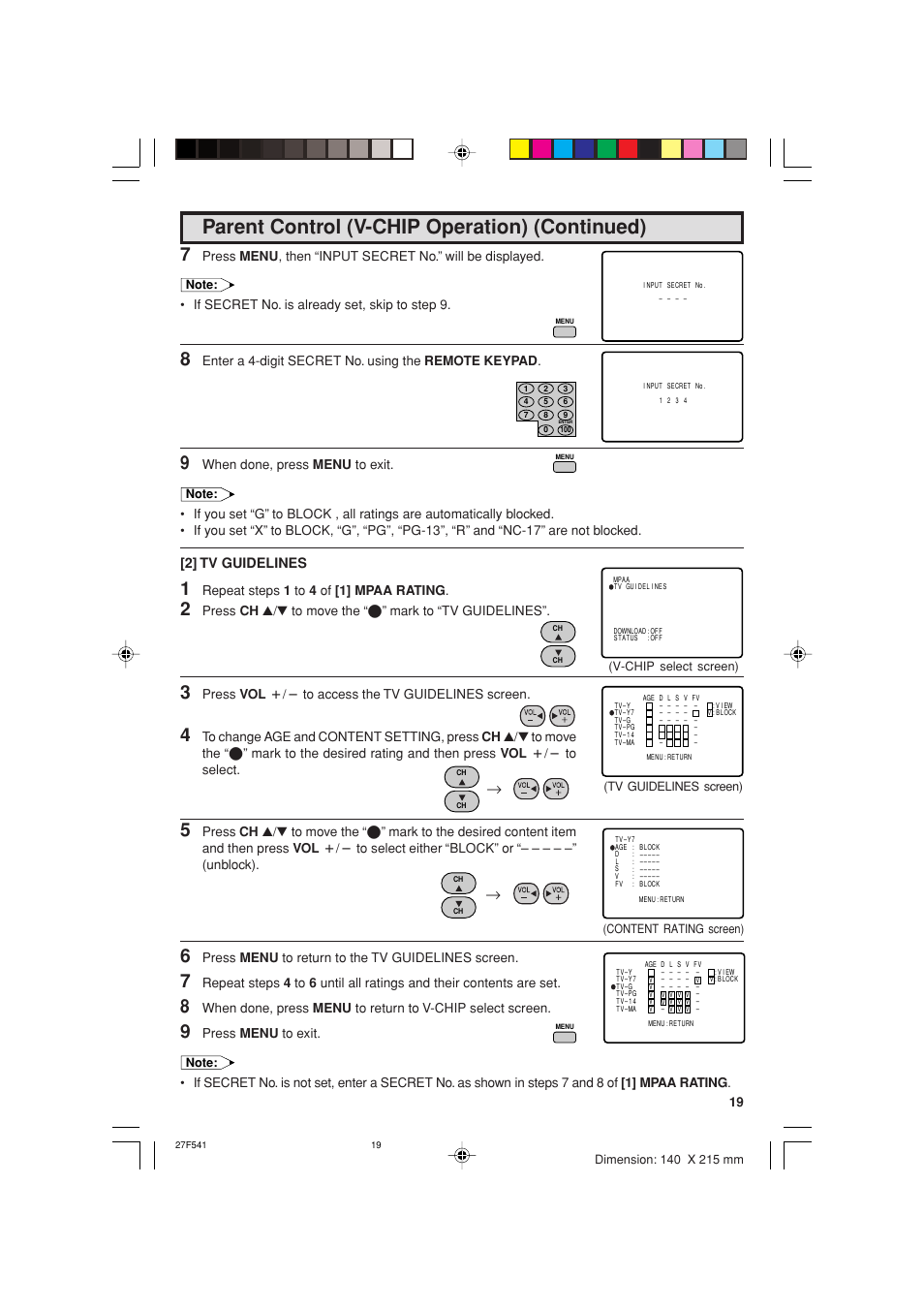 Parent control (v-chip operation) (continued), 2] tv guidelines | Sharp 27F641 User Manual | Page 19 / 60