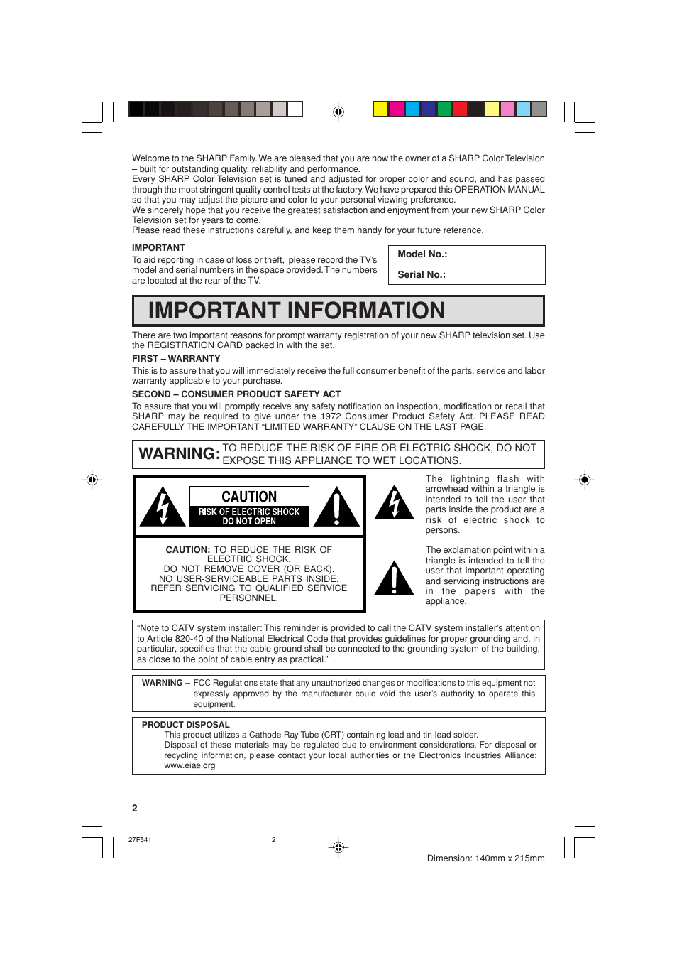 Important information, Warning | Sharp 27F641 User Manual | Page 2 / 60